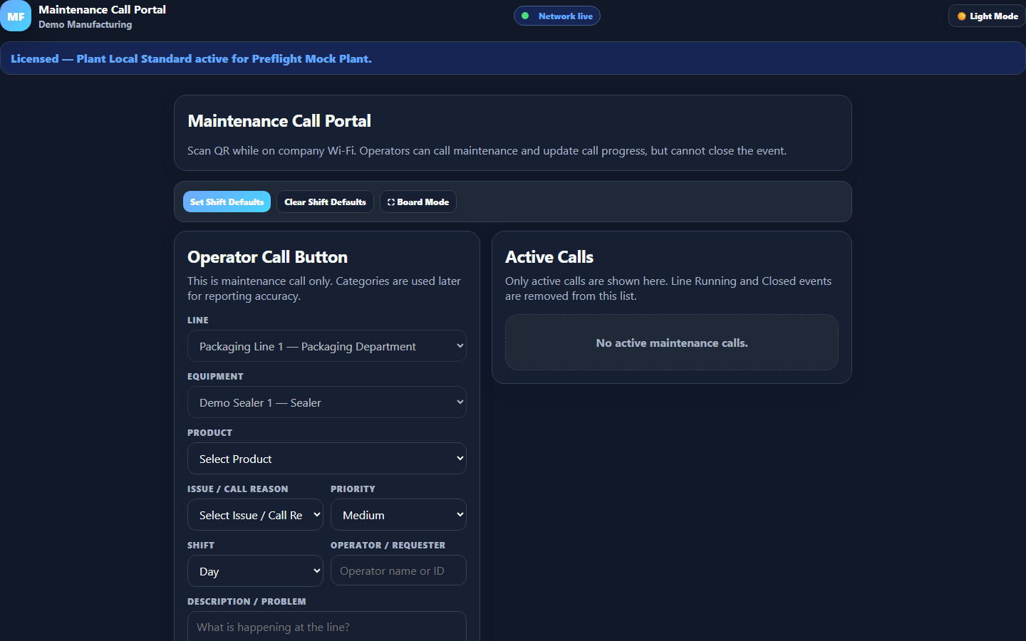 MFDC Operator Portal in Demo Manufacturing